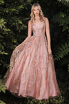 A-line V-neck Natural Waistline Plunging Neck Fitted V Back Pleated Sheer Glittering Floor Length Sleeveless Prom Dress