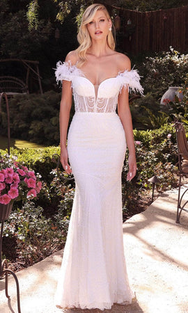 Cinderella Divine Feathered Off-Shoulder Wedding Dress