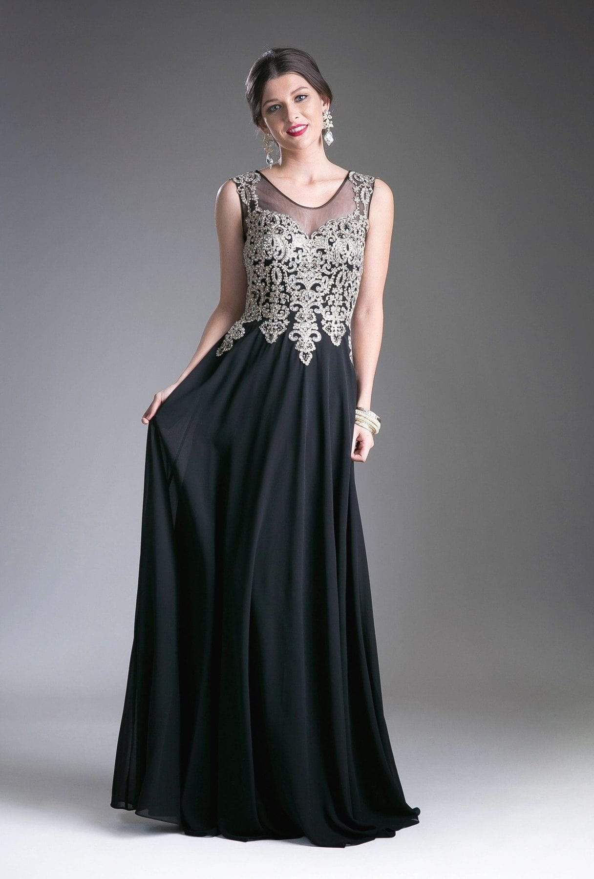 Cinderella Divine - Jeweled Metallic Lace Illusion A-Line Evening Gown