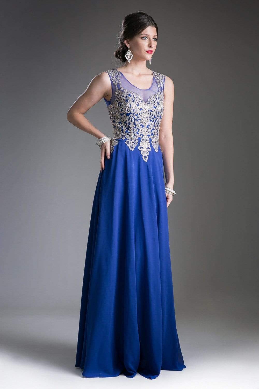 Cinderella Divine - Jeweled Metallic Lace Illusion A-Line Evening Gown
