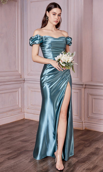 Tall Sheath Off the Shoulder Natural Waistline Draped Open-Back Pleated Ruched Gathered Back Zipper Slit Metallic Sheath Dress/Evening Dress/Bridesmaid Dress/Mother-of-the-Bride Dress/Prom Dress with 