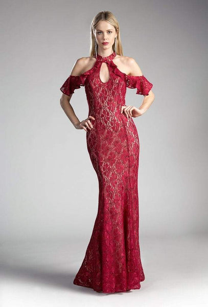 Lace Cold Shoulder Sleeves Halter Sheath Fitted Floor Length Sheath Dress with a Brush/Sweep Train With Ruffles