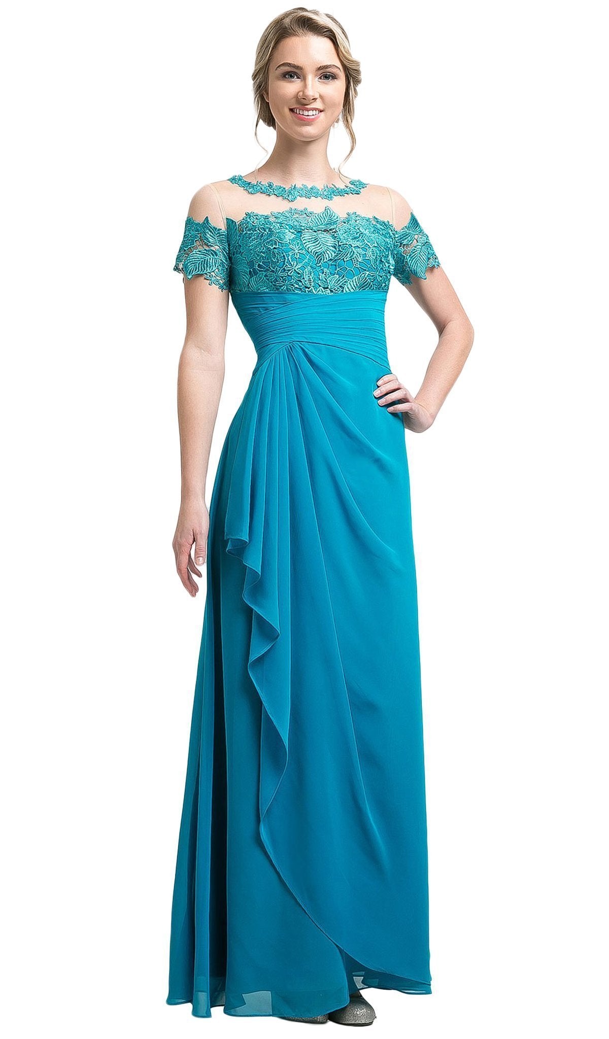 Cinderella Divine - Lace Illusion Bateau Pleated Sheath Dress
