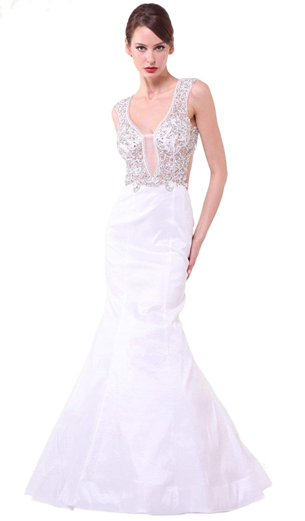 Cinderella Divine - Plunging Illusion Notched Embellished Evening Gown

