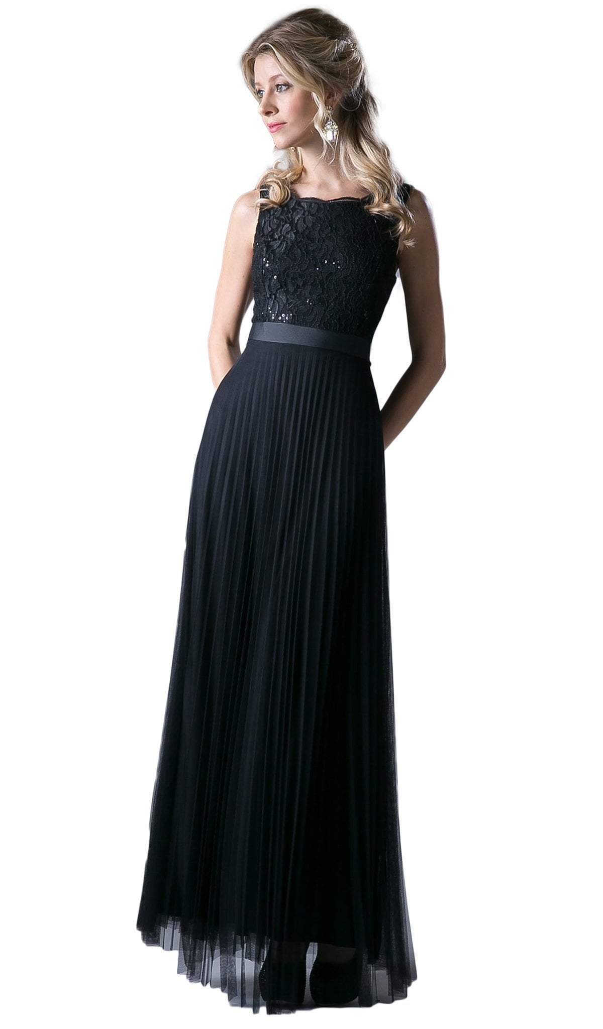 Cinderella Divine - Sequined Lace Bateau Pleated A-line Dress
