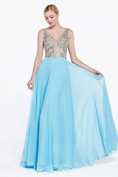 A-line V-neck Bell Sleeves Chiffon Sheer Goddess Shirred Beaded Evening Dress