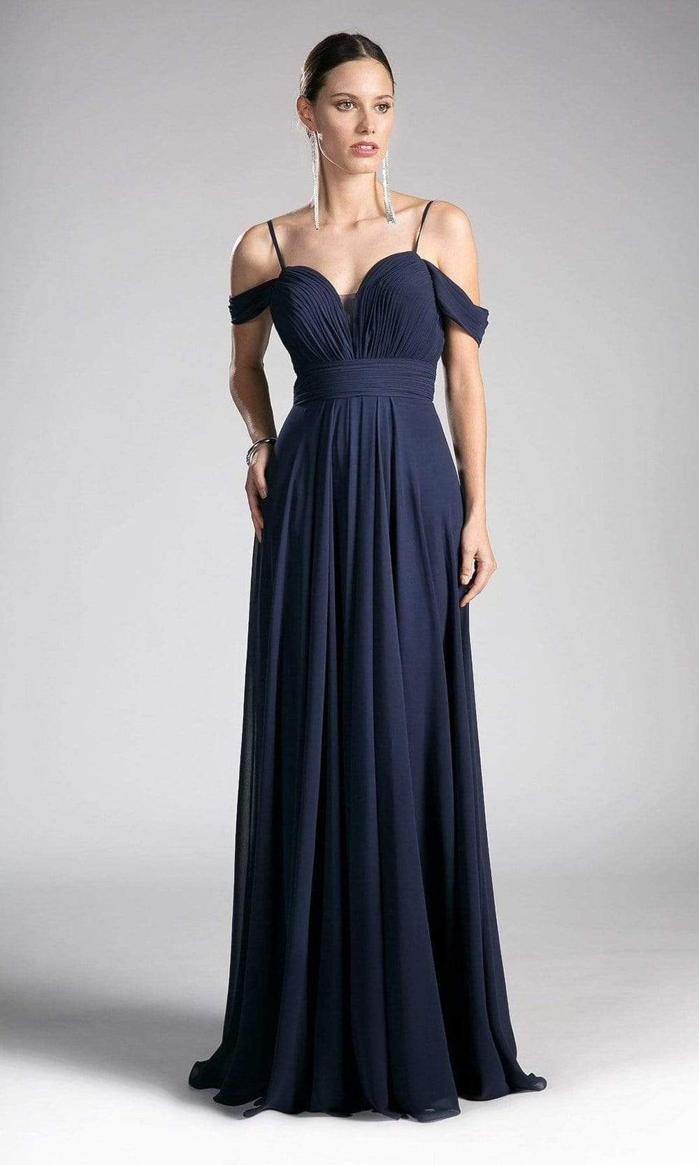 Cinderella Divine - Shirred Plunging Sweetheart Cold Shoulder Chiffon Gown
