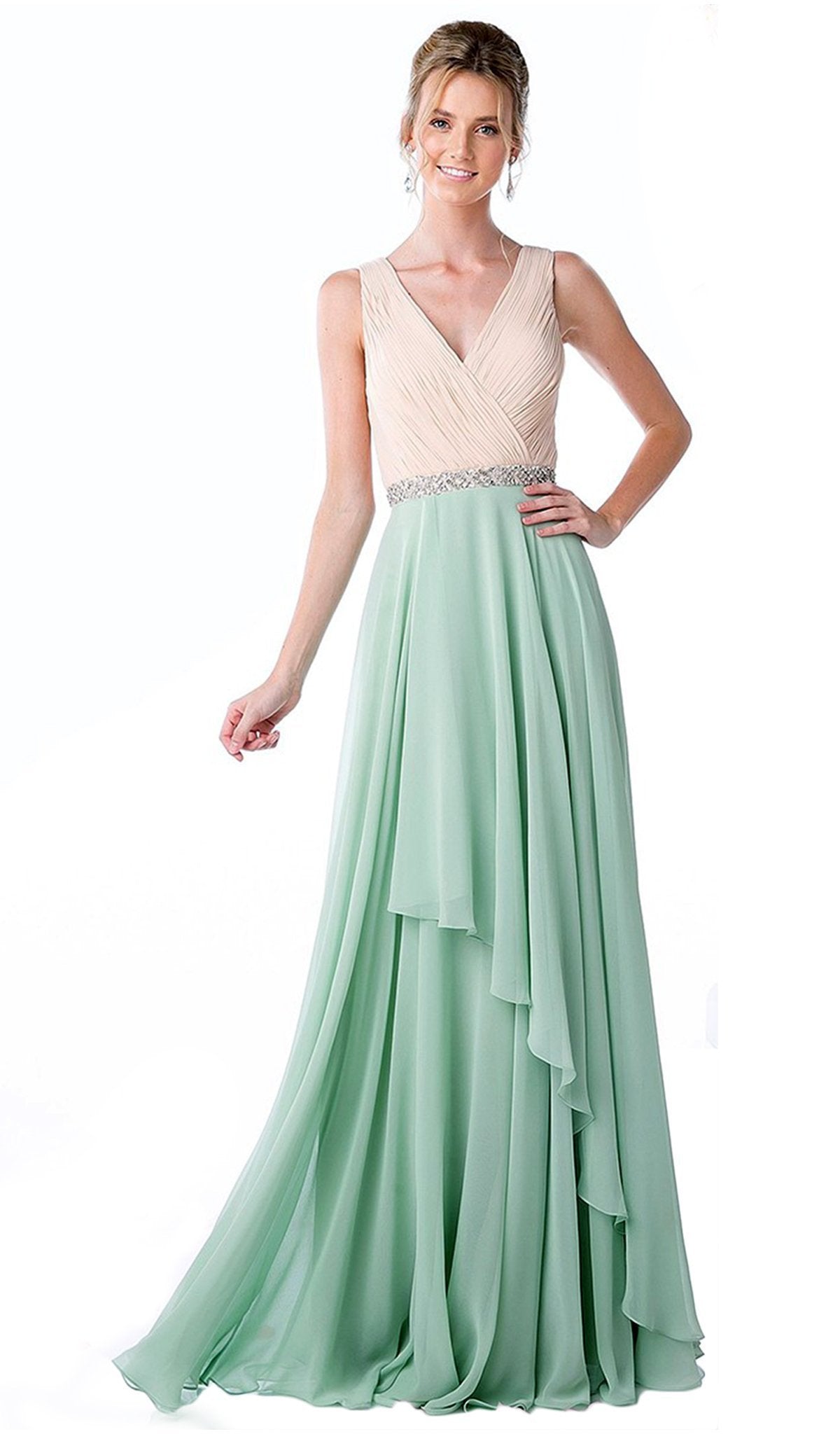 Cinderella Divine - Shirred Surplice Bodice Cascading A-Line Evening Gown
