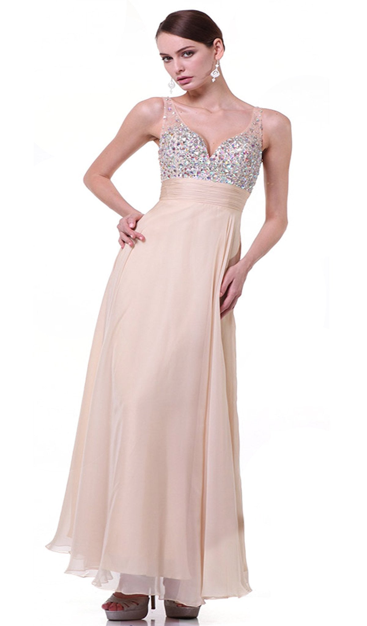 Cinderella Divine - Sleeveless Bedazzled Plunging V-neck A-line Dress
