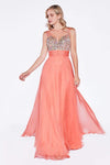 A-line V-neck Sleeveless Sheer Ruched Plunging Neck Floor Length Dress