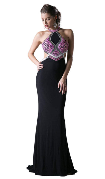 Sleeveless Sheath Halter Fitted Open-Back Floor Length Sheath Dress/Prom Dress with a Brush/Sweep Train