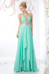 A-line V-neck Ruched Cutout Natural Waistline Floor Length Sleeveless Evening Dress/Prom Dress with a Brush/Sweep Train