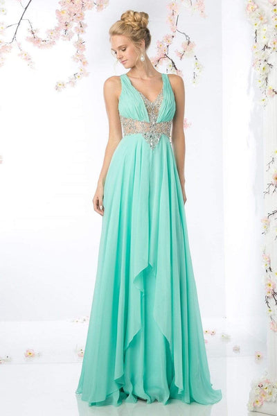 A-line V-neck Natural Waistline Floor Length Sleeveless Cutout Ruched Evening Dress/Prom Dress with a Brush/Sweep Train