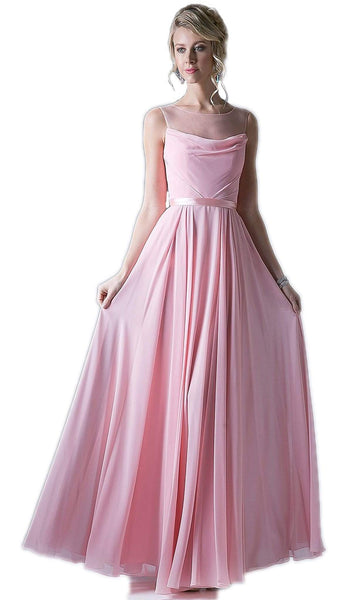 A-line Bateau Neck Belted Ruched Pleated Illusion Floor Length Sleeveless Evening Dress With a Ribbon