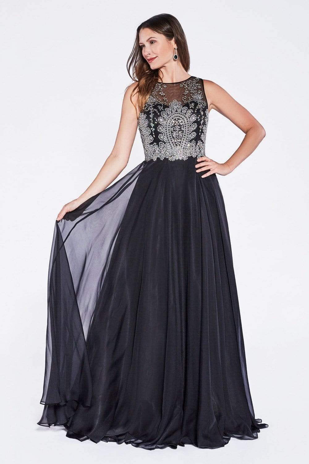 Cinderella Divine - Sleeveless Illusion Metallic Appliqued A-Line Gown
