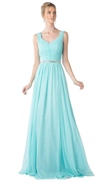 A-line V-neck Fall Pleated Jeweled Sleeveless Floor Length Dress