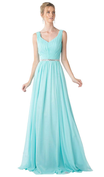 A-line V-neck Pleated Jeweled Fall Sleeveless Floor Length Dress