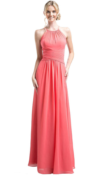 A-line Ruched Keyhole Halter Floor Length Sleeveless Evening Dress