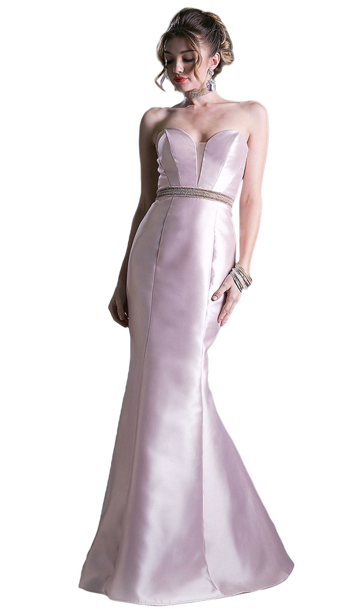 Cinderella Divine - Strapless Plunging Sweetheart Jeweled Mermaid Gown
