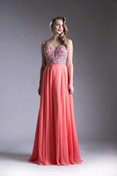 A-line Fitted Beaded Open-Back Sheer Chiffon Plunging Neck Sweetheart Evening Dress with a Brush/Sweep Train