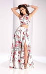 A-line Jeweled Neck Pleated Slit Natural Waistline General Print Flutter Sleeves Sleeveless Floor Length Dress