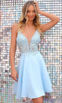 A-line V-neck Beaded Applique Flowy Lace-Up Sheer Back Zipper Bandeau Neck Plunging Neck Cocktail Short Natural Waistline Sleeveless Spaghetti Strap Dress