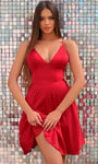 Sexy A-line V-neck Satin Empire Waistline Cocktail Short Sleeveless Spaghetti Strap Back Zipper Cutout Lace-Up Dress