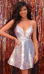 A-line V-neck Sequined Sheer Open-Back Beaded Back Zipper Flowy Belted Sleeveless Spaghetti Strap Cocktail Short Natural Waistline Plunging Neck Party Dress