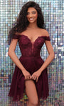 A-line Cocktail Short Plunging Neck Sweetheart Open-Back Sheer Back Zipper Lace-Up Beaded Applique Cap Sleeves Off the Shoulder Corset Natural Waistline Scalloped Trim Party Dress