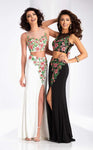 Natural Waistline Sheath Sleeveless Jeweled Neck Sweetheart Floral Print Embroidered Illusion Jeweled Slit Sheath Dress