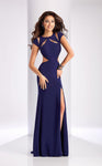 Sexy A-line Cap Sleeves Sheer Slit Fitted Back Zipper Cutout Natural Waistline Floor Length Jeweled Neck Evening Dress with a Brush/Sweep Train