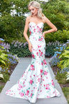 Strapless Sweetheart Floor Length Corset Waistline Floral Print Lace-Up Fitted Mermaid Evening Dress With Ruffles