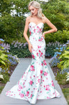 Strapless Sweetheart Floor Length Fitted Lace-Up Floral Print Corset Waistline Mermaid Evening Dress With Ruffles