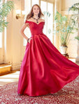 Off the Shoulder Sweetheart Corset Waistline Lace-Up Pocketed Pleated Party Dress With a Ribbon
