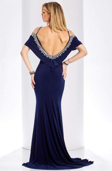 Cold Shoulder Sleeves Scoop Neck Jeweled V Back Slit Fitted Sheath Floor Length Sheath Dress/Party Dress with a Brush/Sweep Train