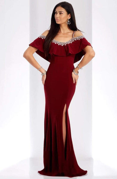 Slit Jeweled V Back Fitted Cold Shoulder Sleeves Sheath Scoop Neck Floor Length Sheath Dress/Party Dress with a Brush/Sweep Train