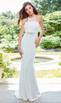 Tall Sexy Sleeveless Spaghetti Strap Knit Halter Illusion Open-Back Beaded Mesh Fitted Evening Dress