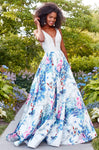 Sophisticated V-neck Floral Print Floor Length Plunging Neck Sheer V Back Pleated Evening Dress/Prom Dress/Party Dress