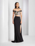 Sexy Sophisticated Floral Print Slit Fitted Embroidered Knit Off the Shoulder Floor Length Short Evening Dress