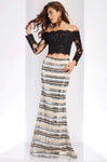 Tall Sexy Sequined Floor Length Striped Print Long Sleeves Off the Shoulder Dress