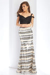 Tall Sweetheart Sequined Fitted Striped Print Cold Shoulder Sleeves Off the Shoulder Evening Dress