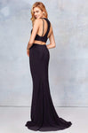 Sophisticated Jeweled Neck Jersey Racerback Slit Fitted Back Zipper Sheath Natural Waistline Sleeveless Sheath Dress/Evening Dress/Prom Dress with a Brush/Sweep Train