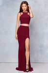 Sophisticated Natural Waistline Sleeveless Sheath Slit Fitted Back Zipper Racerback Jeweled Neck Jersey Sheath Dress/Evening Dress/Prom Dress with a Brush/Sweep Train