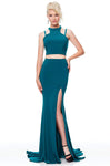 Sophisticated Racerback Fitted Back Zipper Slit Jersey Jeweled Neck Sleeveless Sheath Natural Waistline Sheath Dress/Evening Dress/Prom Dress with a Brush/Sweep Train