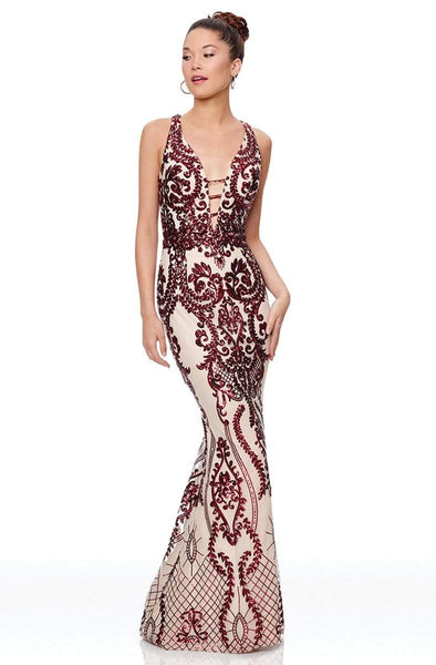 V-neck Plunging Neck Fitted Open-Back Sequined Back Zipper Mermaid Sleeveless Natural Waistline Two-Toned Print Floor Length Prom Dress with a Brush/Sweep Train