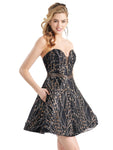 A-line Strapless Plunging Neck Sweetheart Natural Waistline Cocktail Short Belted Pocketed Lace-Up Glittering Beaded Fitted Sheer Evening Dress