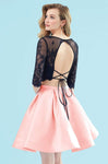 Sophisticated A-line Lace Fitted Pleated Beaded Sheer Back Zipper Open-Back Plunging Neck Sweetheart 3/4 Sleeves Natural Waistline Cocktail Above the Knee Evening Dress/Party Dress