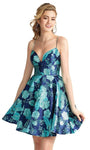 A-line Spaghetti Strap Fitted V Back Back Zipper Pleated Sweetheart Empire Waistline Cocktail Above the Knee Floral Print Dress