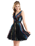 A-line V-neck Sequined Applique Lace-Up Fitted Cocktail Short Natural Waistline Lace Sleeveless Party Dress