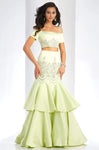 Satin Short Sleeves Sleeves Off the Shoulder Mermaid Tiered Beaded Floor Length Evening Dress With Ruffles